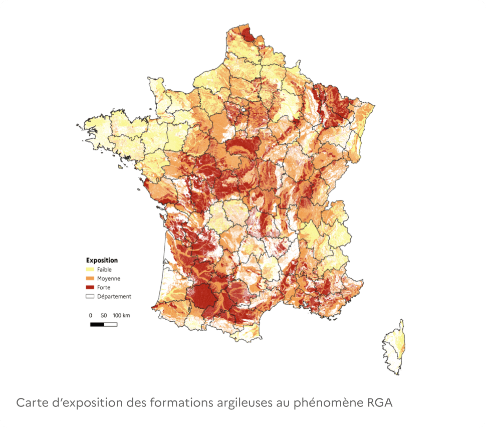 Carte d'exposition des formations argileuses au phénomène RGA